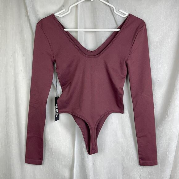 Forever 21 Sculpt Butter Seamless Thong Bodysuit V Neck Long Sleeve Purple NWT S - Picture 14 of 16